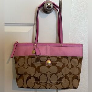 Authentic Coach Signature C Khaki and Pink Tote, NWT.